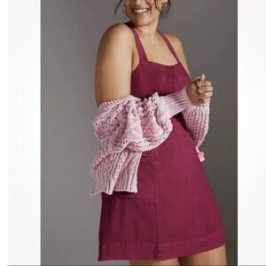 Anthropologie‎ Square Neck Linen Blend Cargo Pocket Mini Dress Fuchsia Size 14